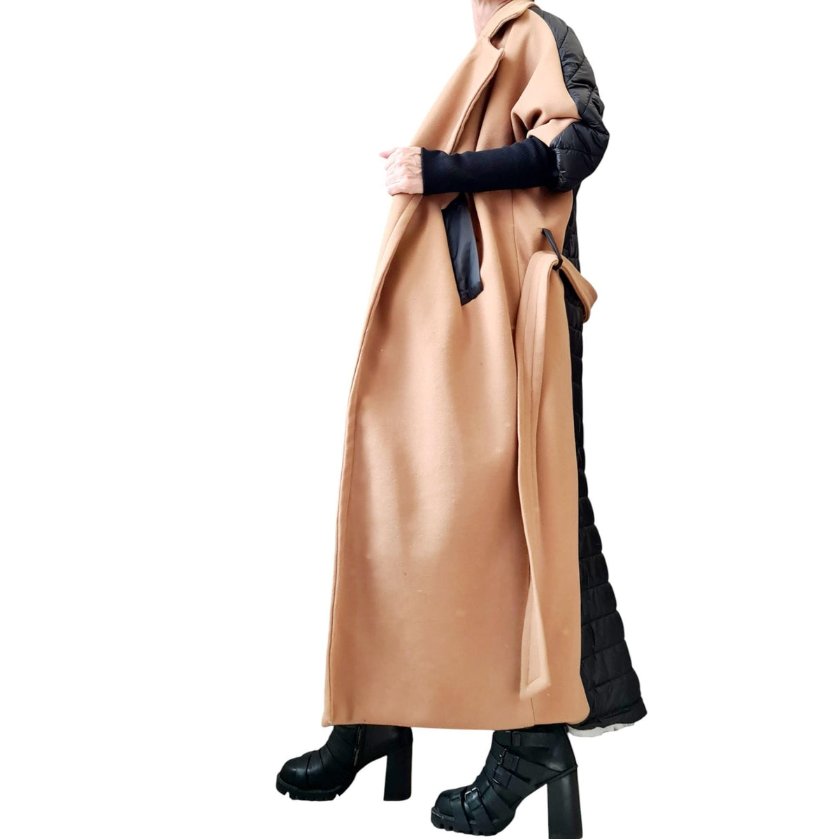 Beige and Black Asymmetrical Maxi Coat, Quilted Back Panel, Belted Long Winter Overcoat