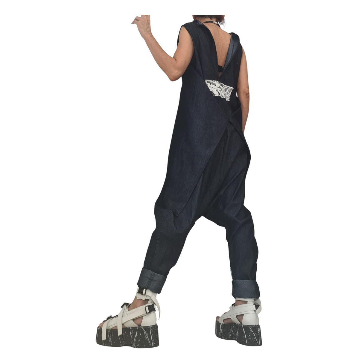 Asymmetric Denim Harem Jumpsuit, Plus Size Wide Leg Sleeveless Overall