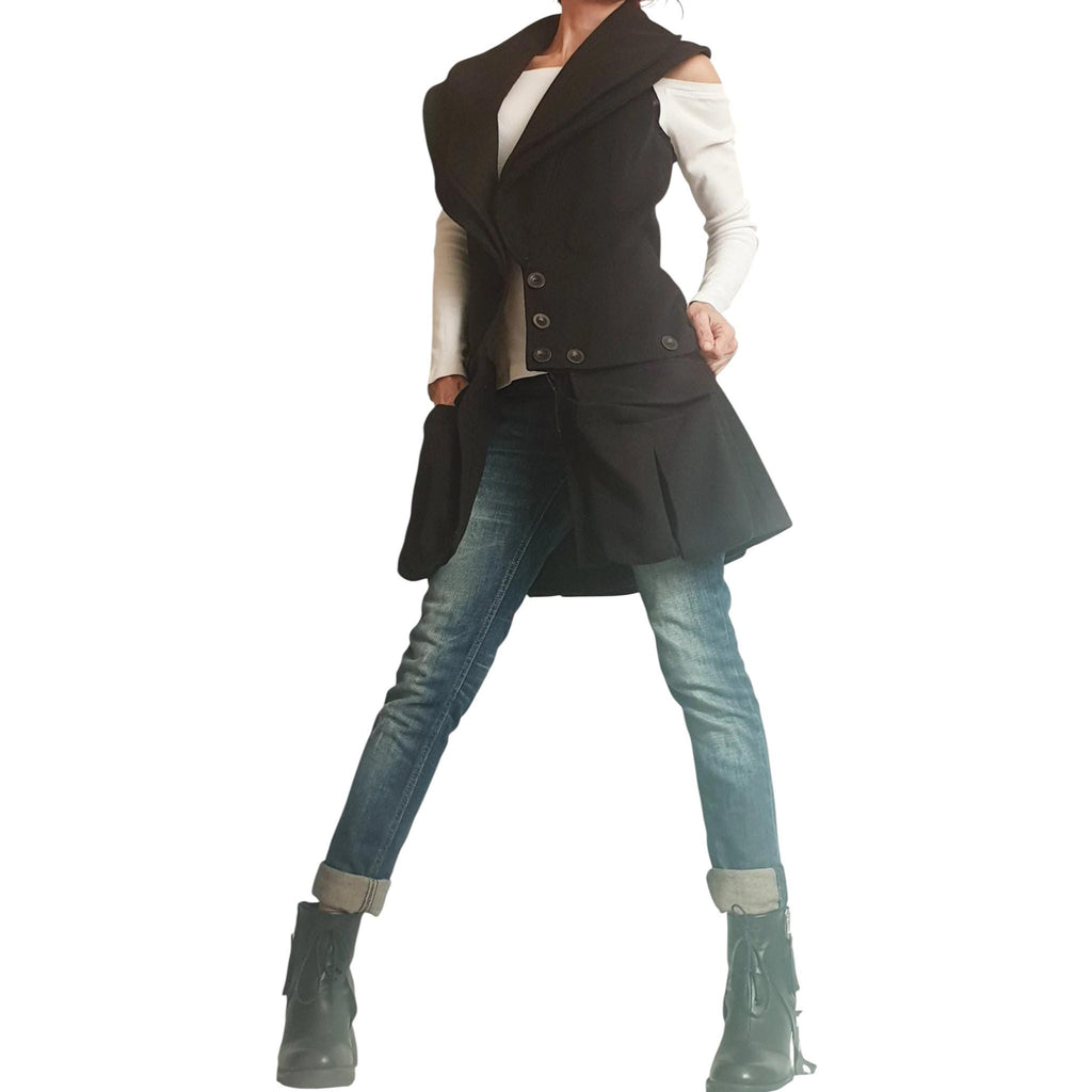 Black Convertible Wool Vest, Detachable Cargo Pocket Panel, Asymmetric Design, Plus Size