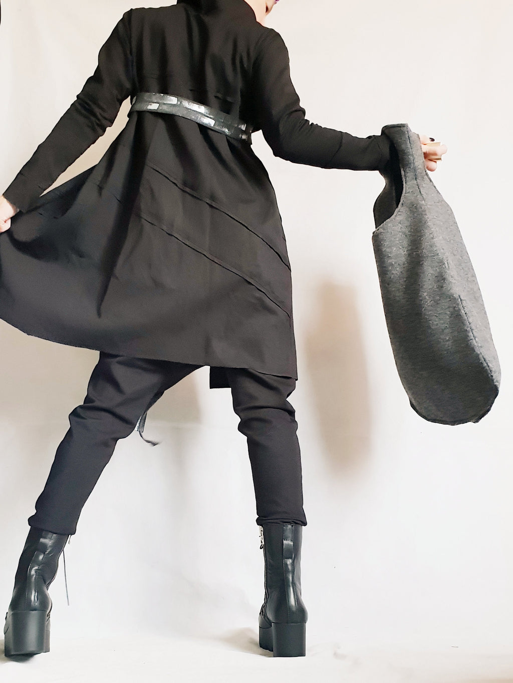 Black French Terry Drop Crotch Harem Pants, Asymmetrical Jacket with Decorative Straps, Co-Ord Set