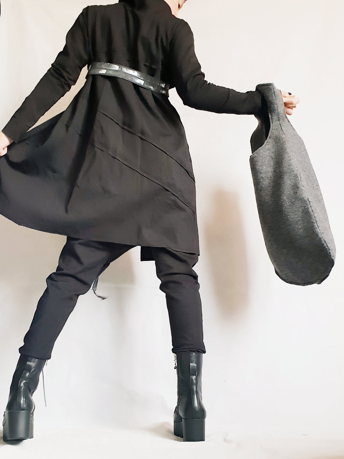 Black French Terry Drop Crotch Harem Pants, Asymmetrical Jacket with Decorative Straps, Co-Ord Set