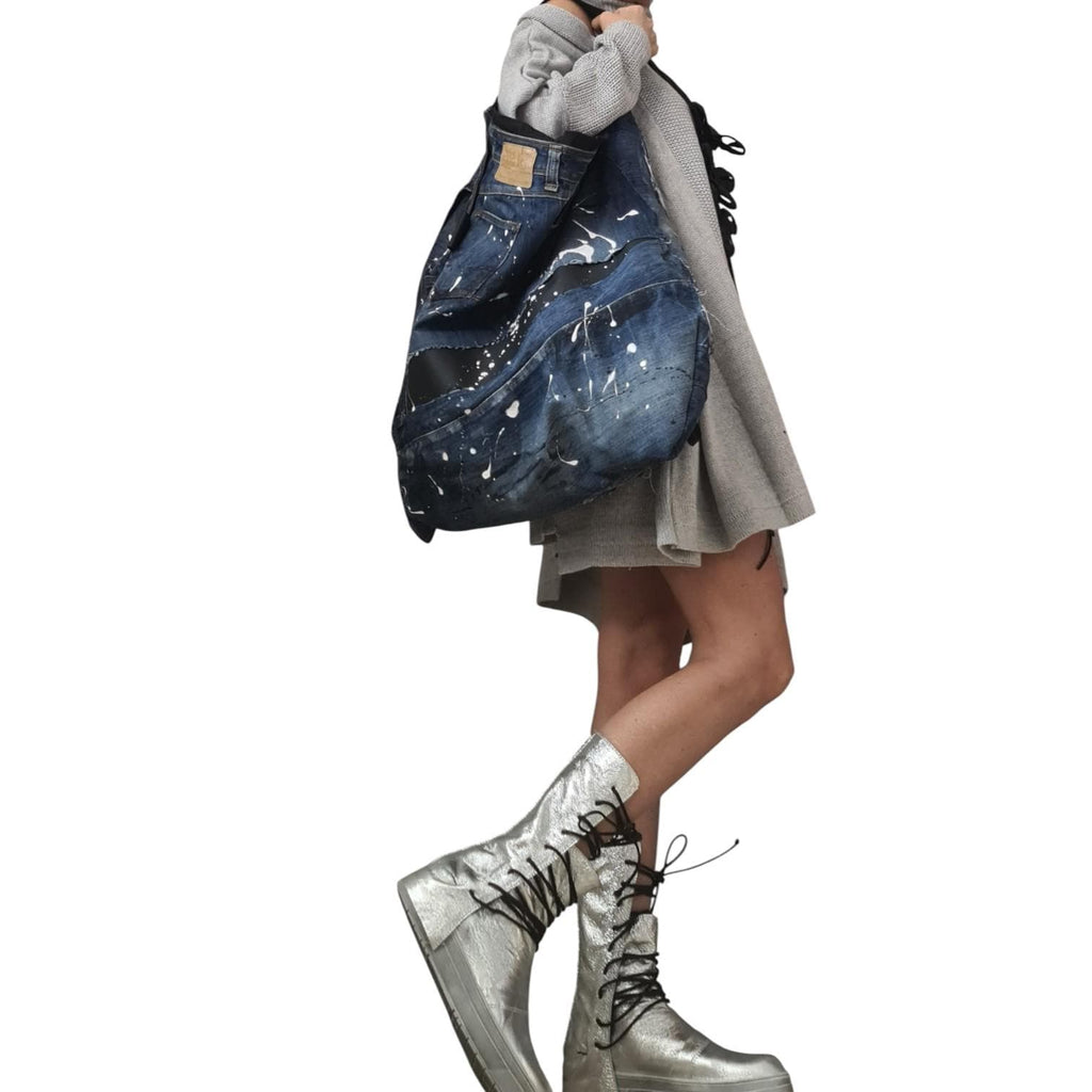 Handmade Oversized Denim Tote Bag, Painted Jeans Hobo Purse