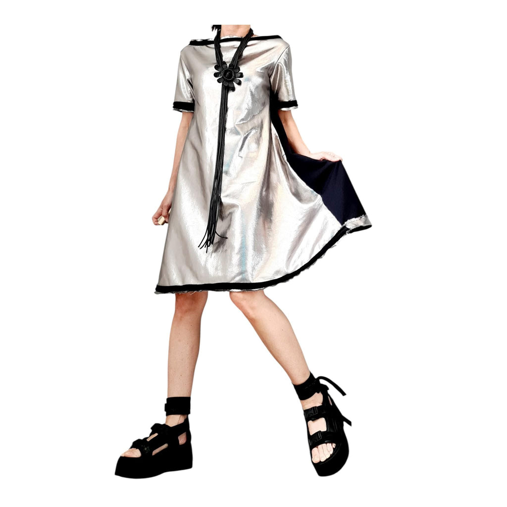 Black Silver Dress, Loose Cotton Tunic, Oversize A Line Short Sleeve Tunic