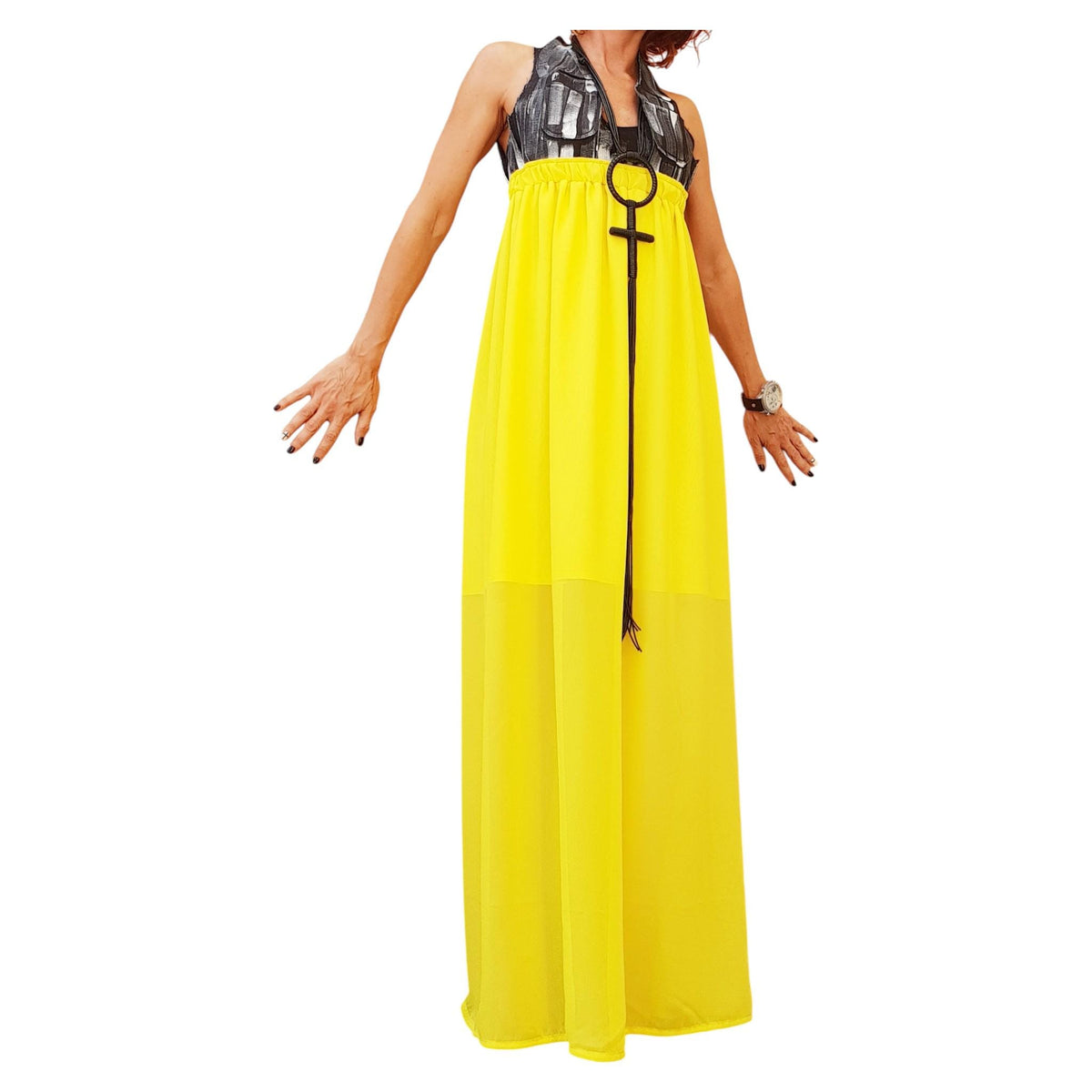 Denim Maxi Dress with Chiffon Skirt, Open Back Dress, Oversized Avant Garde Clothing