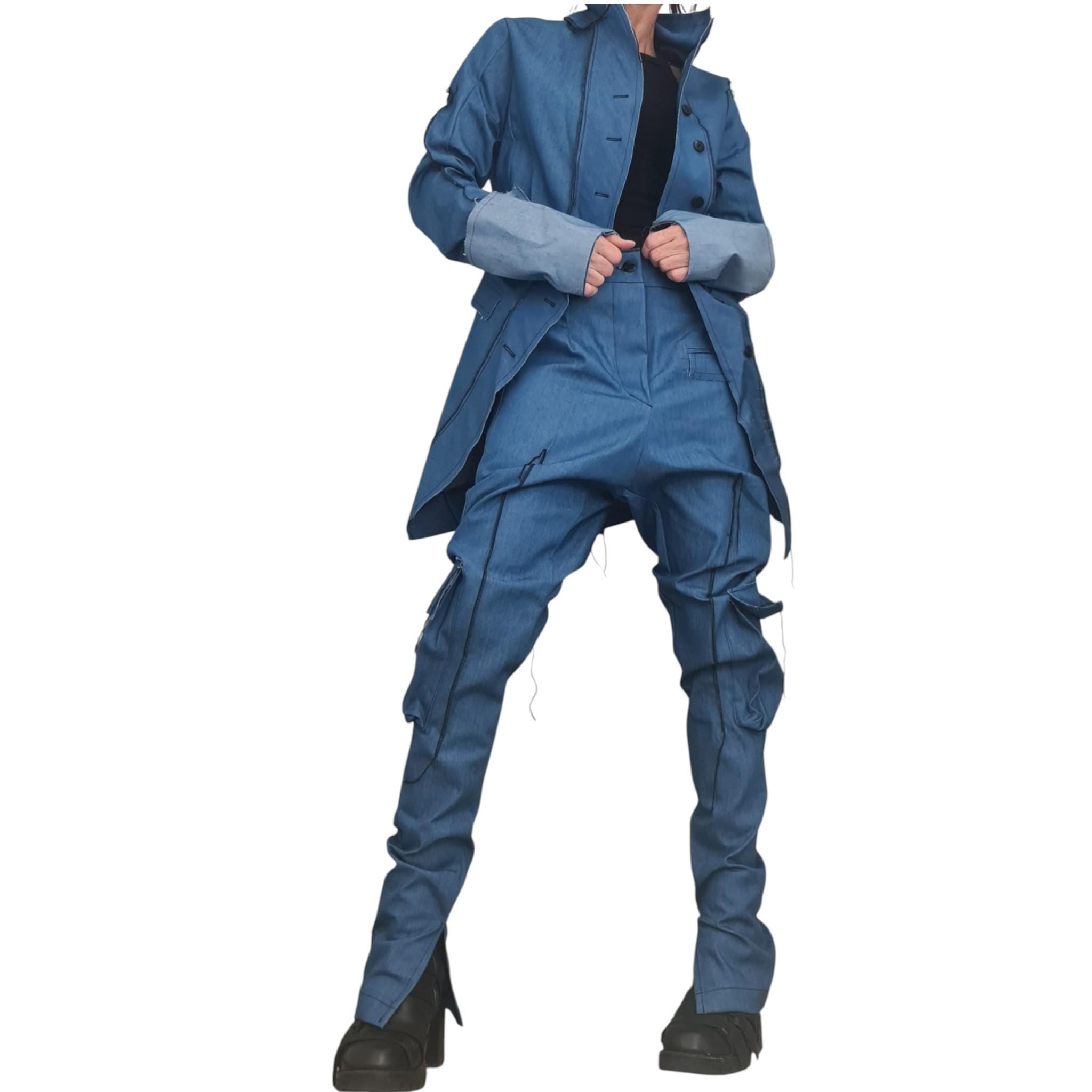 New collection Extravagant Denim Women Costume, Asymmetric Avant Garde Blazer, Women Cargo Pants, Deconstructed Futuristic Clothing