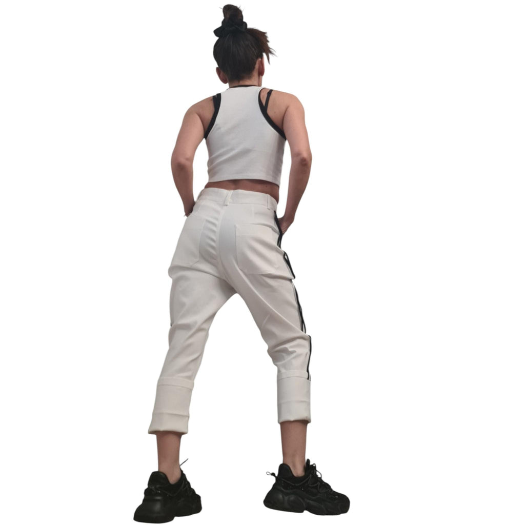 Black&Whit Denim Cargo Pants – Black Contrast Piping, Streetwear Trousers