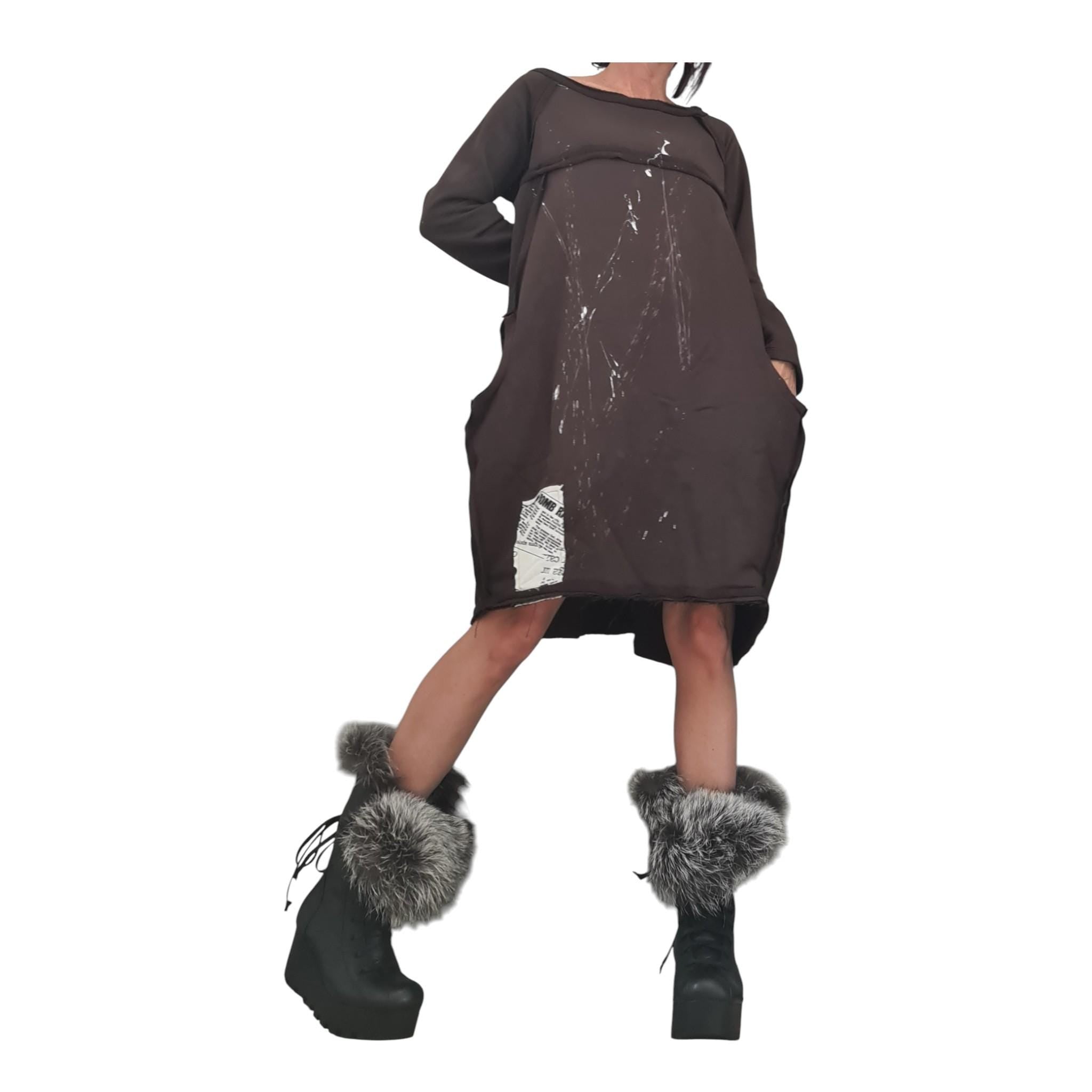 Brown French Terry Off Shoulder Dress for Women, Oversized Asymmetric Tunic Dress, Balloon Shape