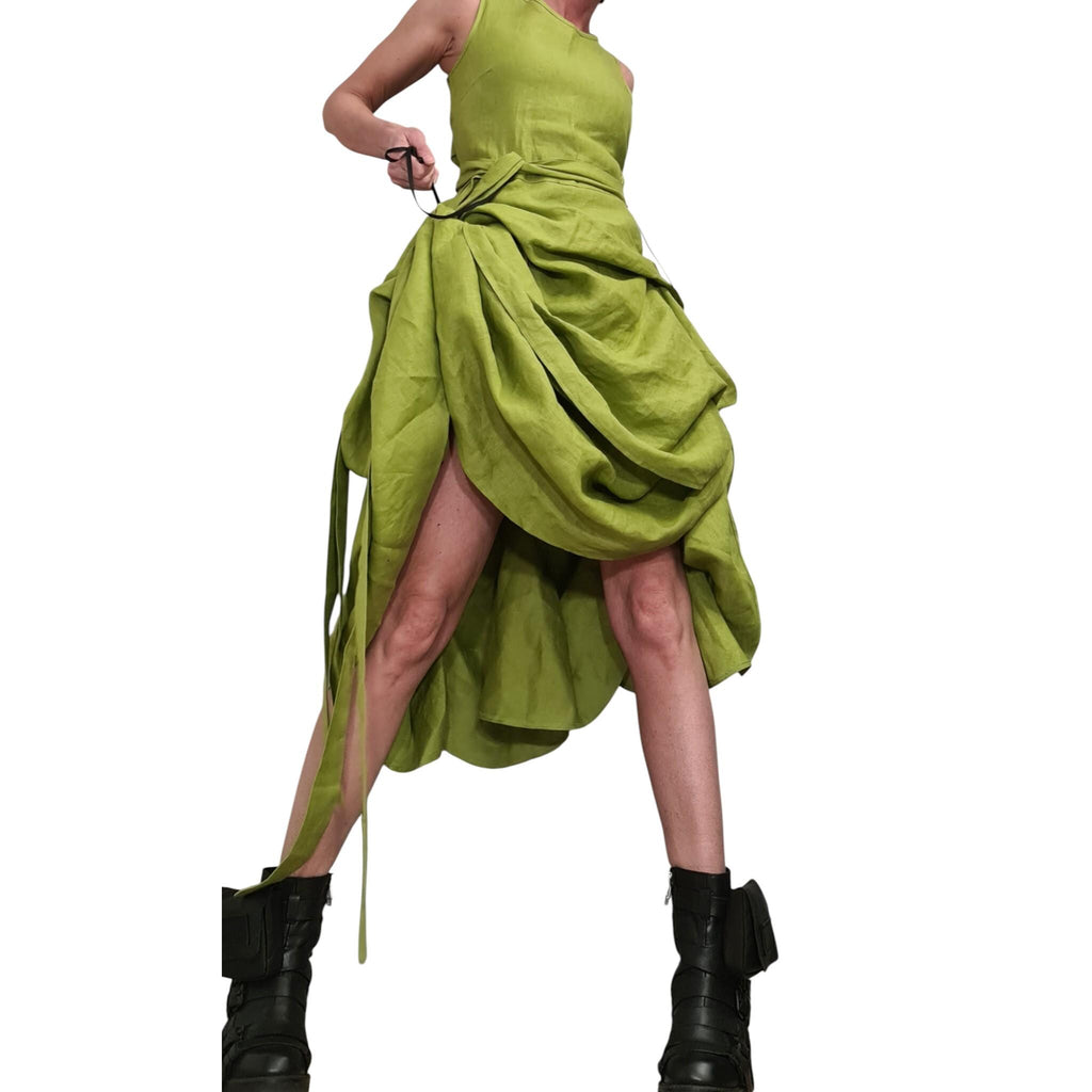 Lime Linen Asymmetric Dress for Women, Sleeveless Layered Midi Dress, Adjustable Avant garde Skirt