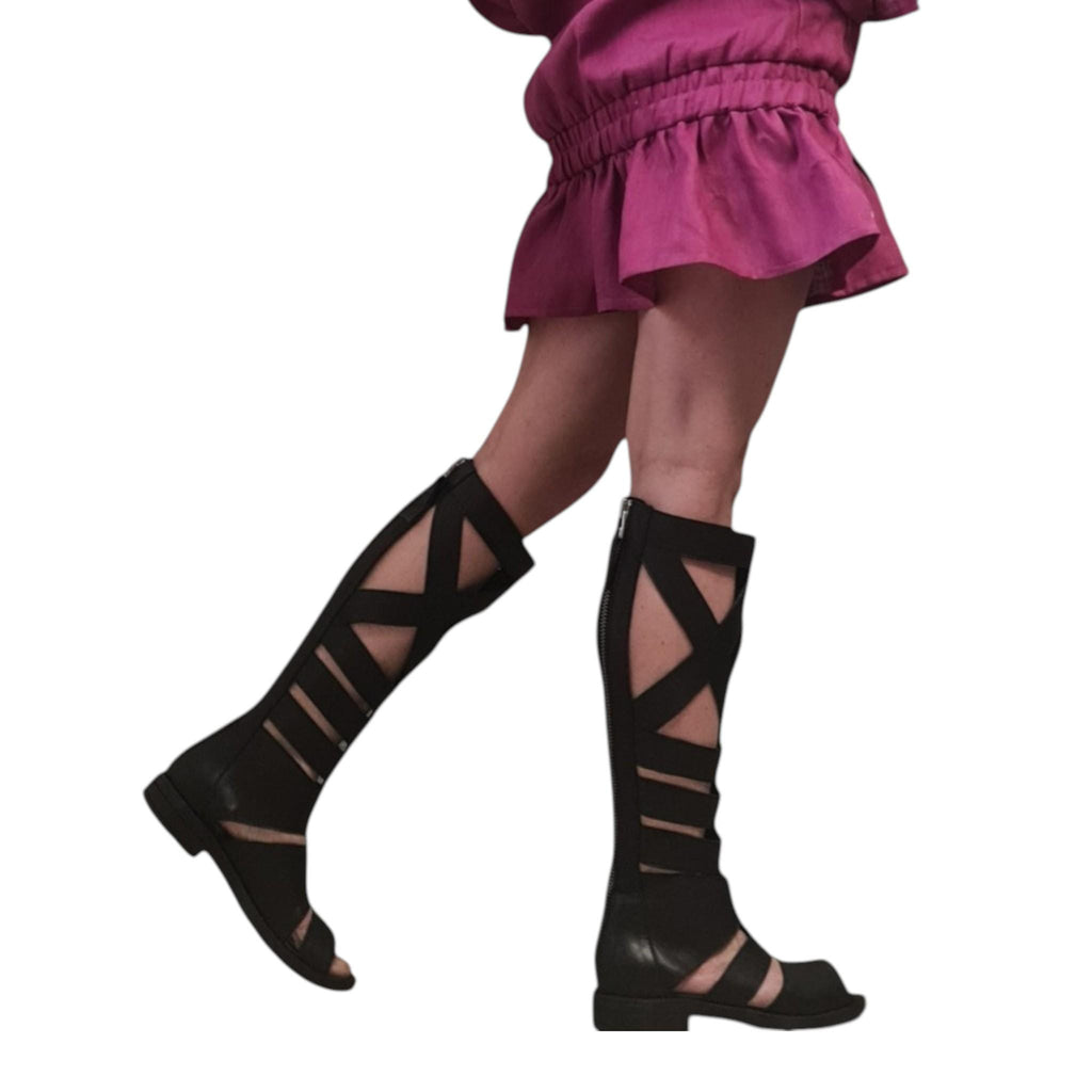 Gladiator Knee High Sandals Women, Black Leather Greek Boots, Open Toe Strappy Flat Shoes