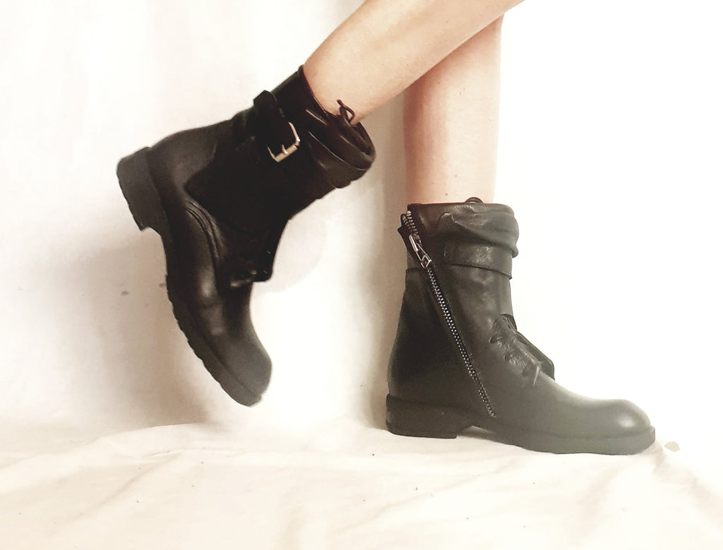 Black Leather Boots, Grunge Gothic Ankle Booties, Steampunk Women Footwear