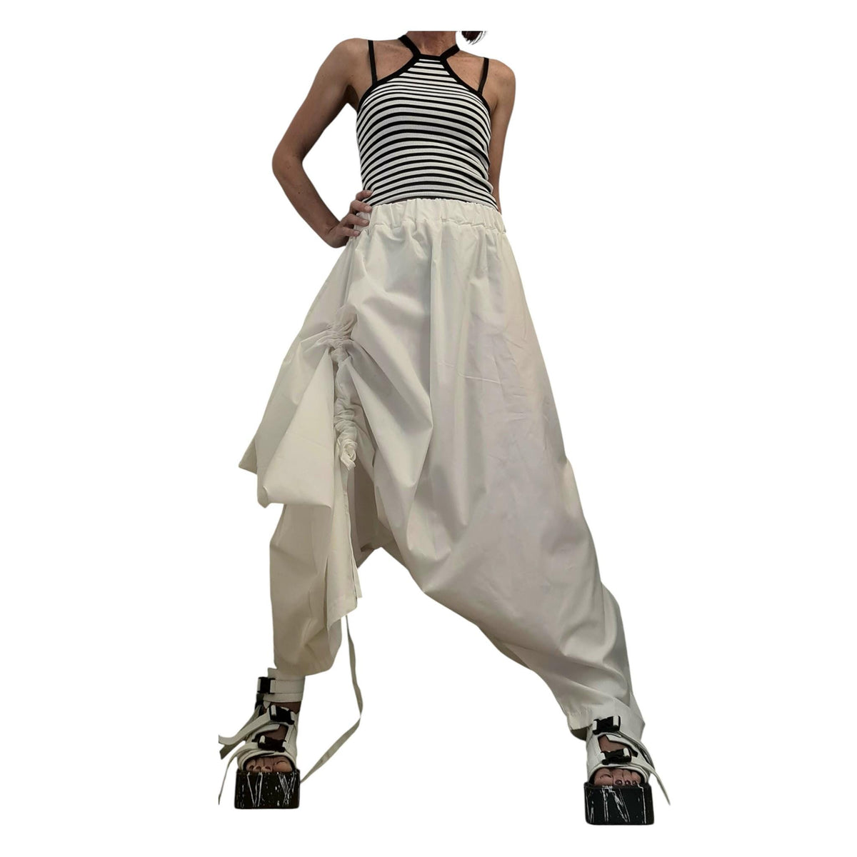 Women’s White Cotton Co-Ord Set, Asymmetrical Summer Top, Loose Harem Pants