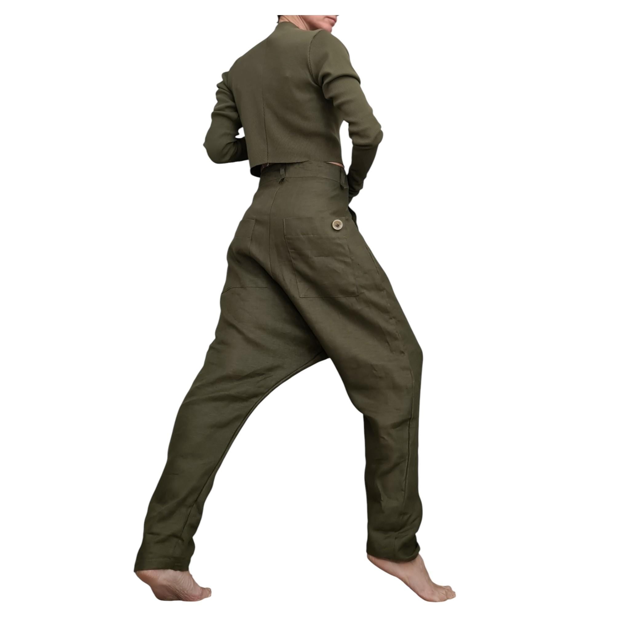 Military Green Linen Harem Pants for Women, Summer Designer Trousers
