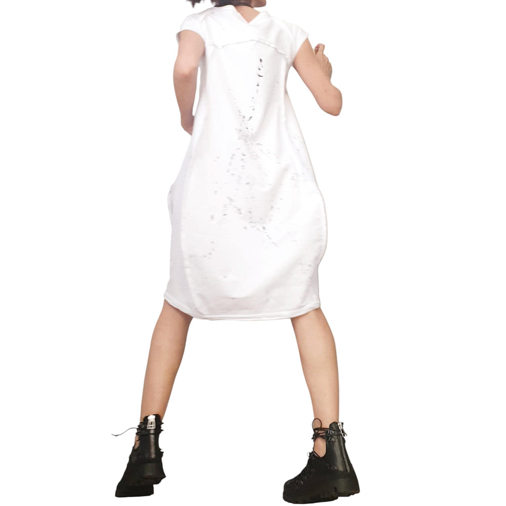 White French Terry Short Sleeve Dress, One Shoulder Oversized Tunic Dress, High Low Silhouette