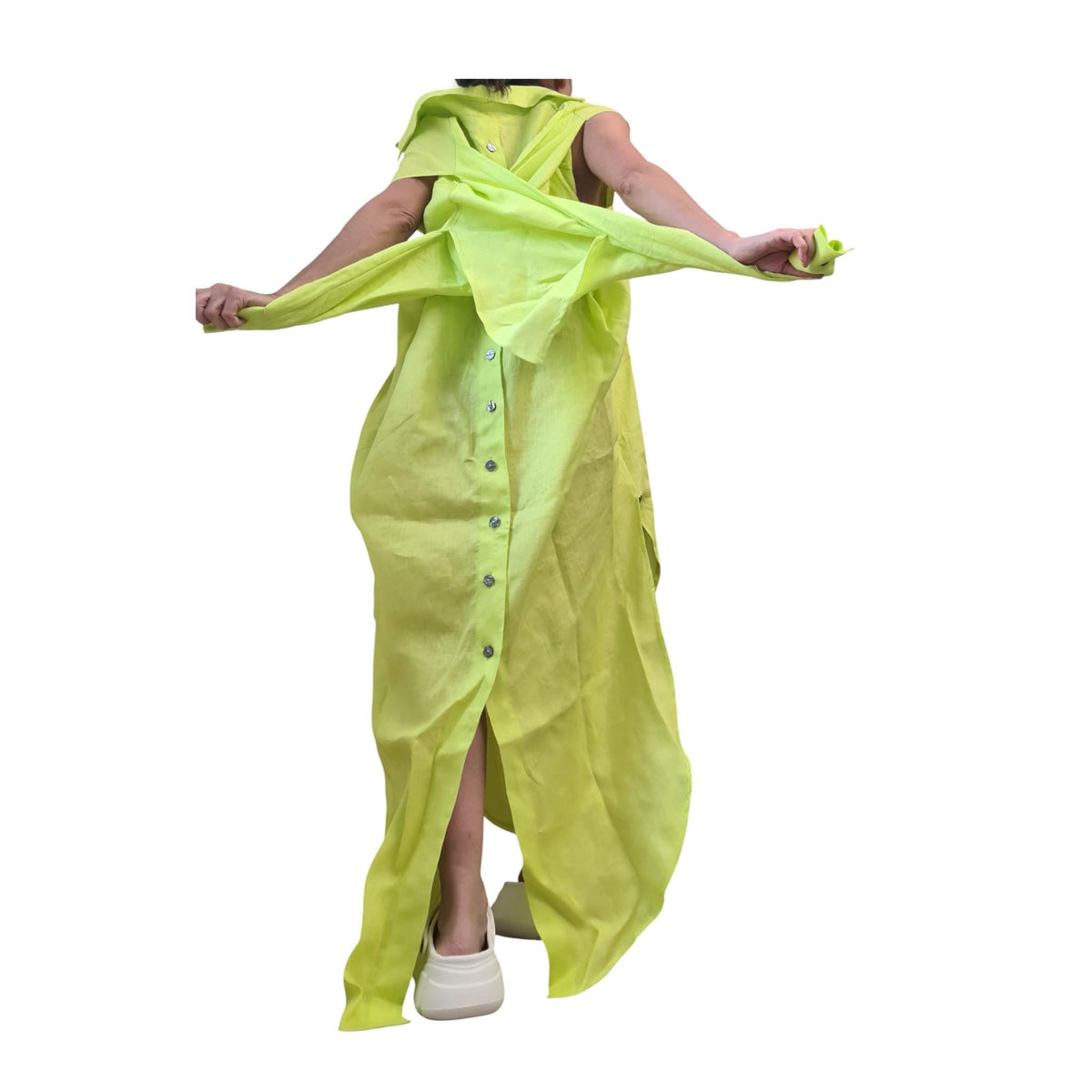Lime Linen Long Kaftan Dress, Open Back Top, Bohemian Shirt Dress, Plus Size