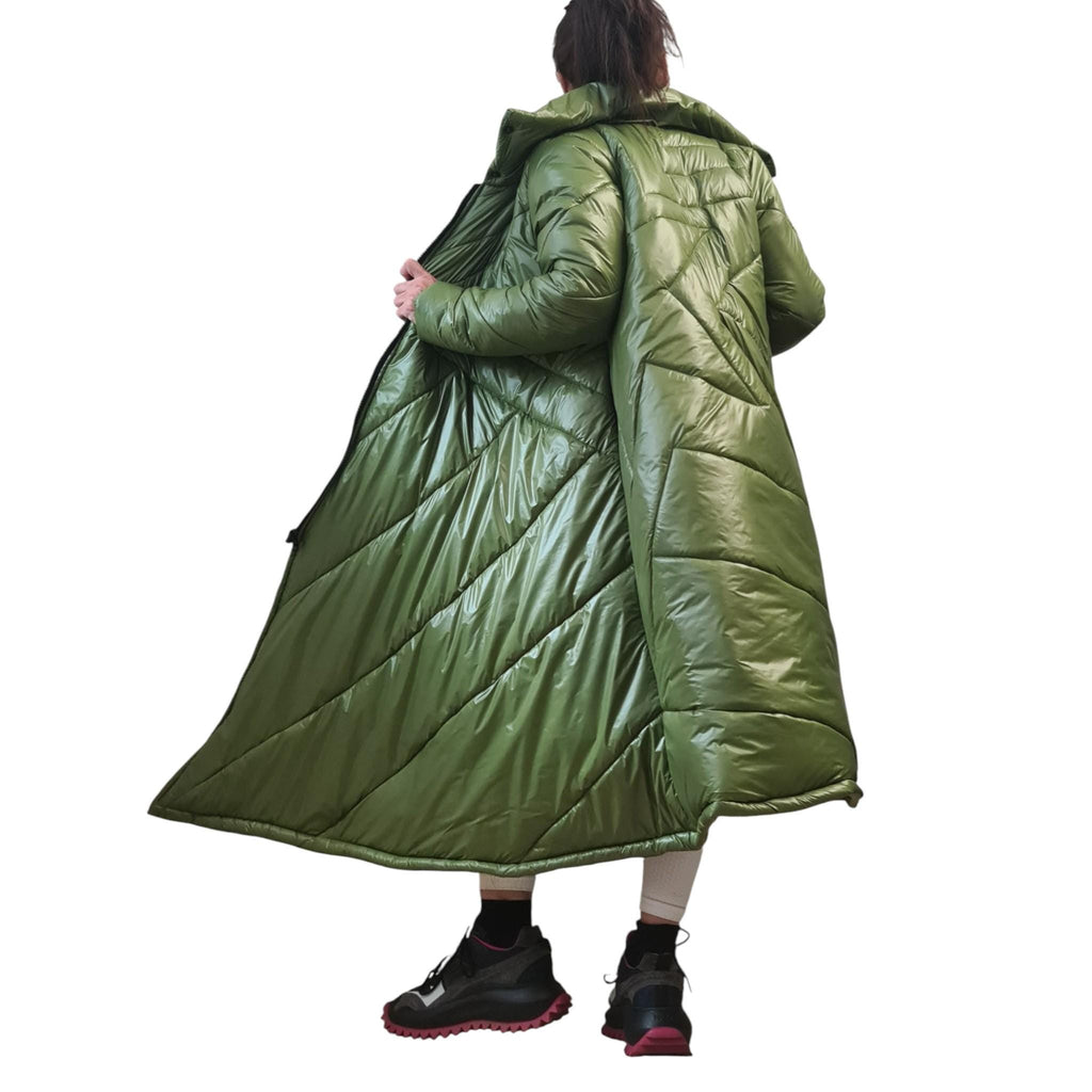 Green Maxi Puffer Coat, A-Line Quilted Jacket, Oversized High Collar Winter Outerwear