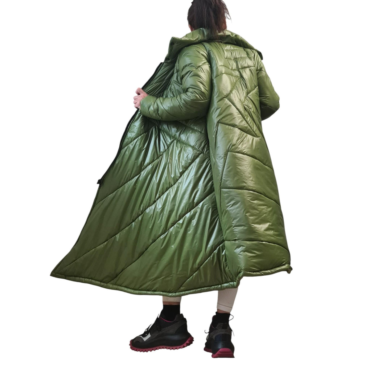 Green Maxi Puffer Coat, A-Line Quilted Jacket, Oversized High Collar Winter Outerwear
