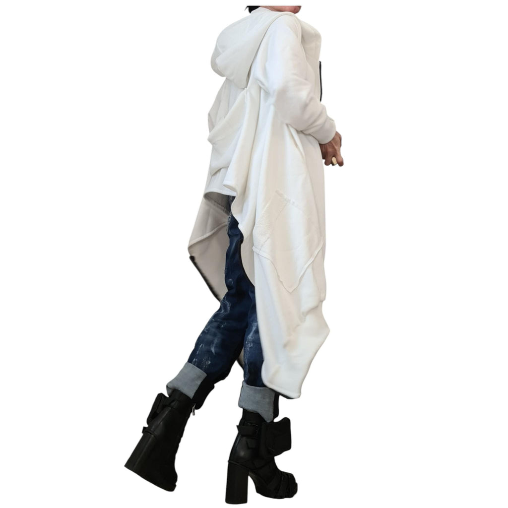 White Asymmetric Hooded Sweatshirt, Oversized Cotton Jacket, Longline Zip Up Hoodie