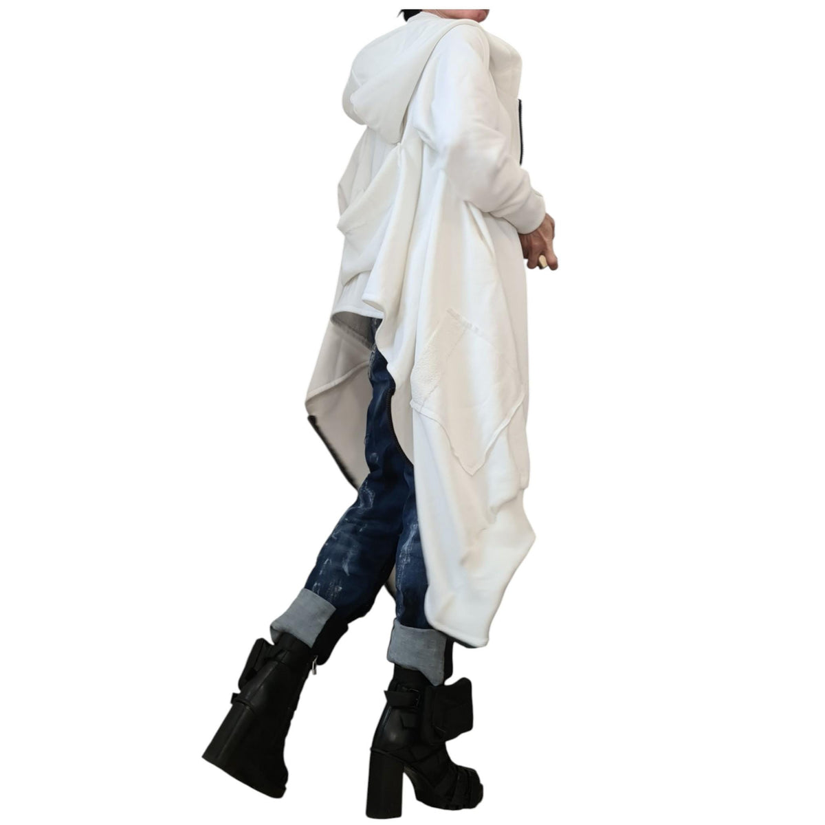 White Asymmetric Hooded Sweatshirt, Oversized Cotton Jacket, Longline Zip Up Hoodie