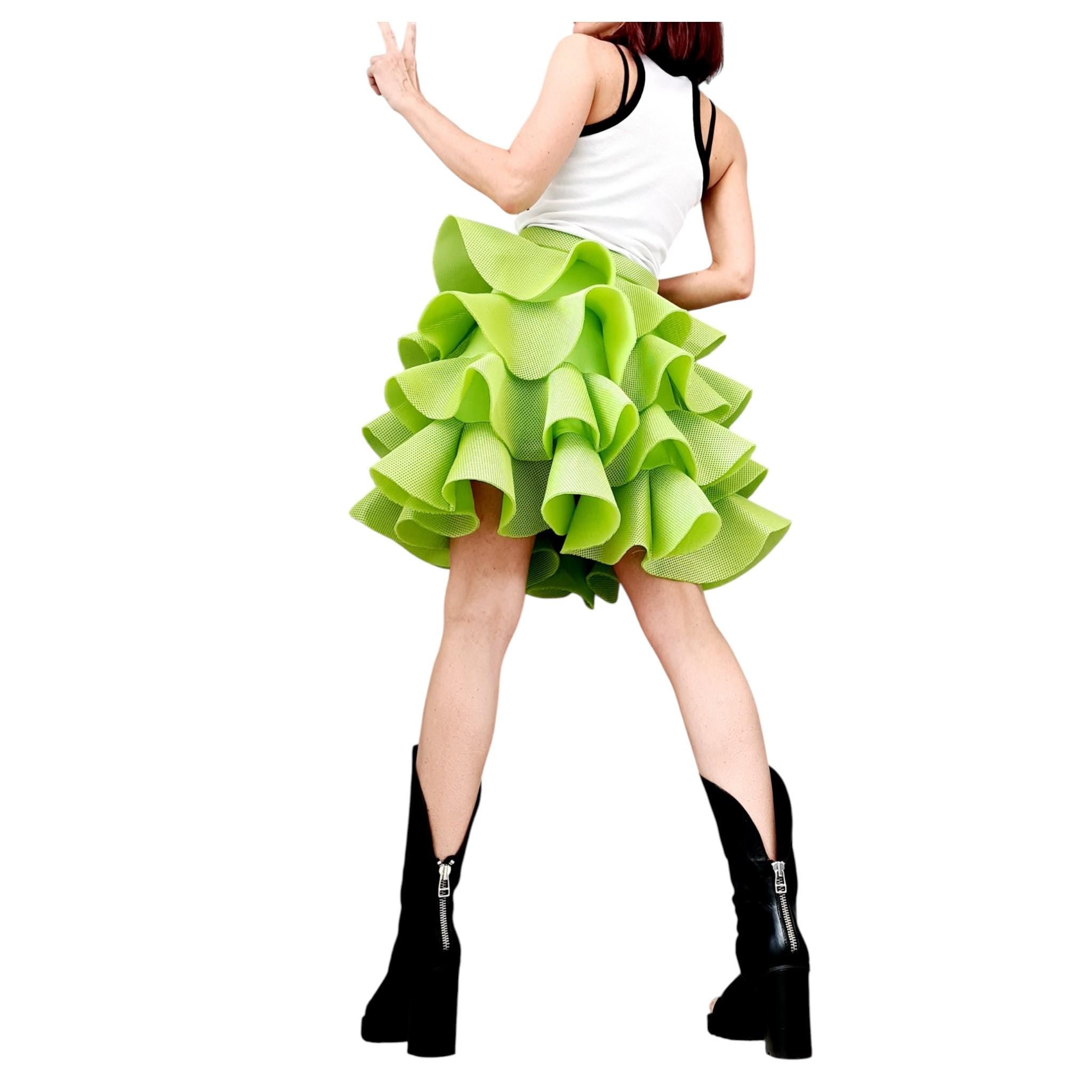 Handmade Green Neoprene Skirt – Asymmetrical Circle Tutu Skirt – Avant-Garde Cocktail Ball Skirt – Plus Size Available