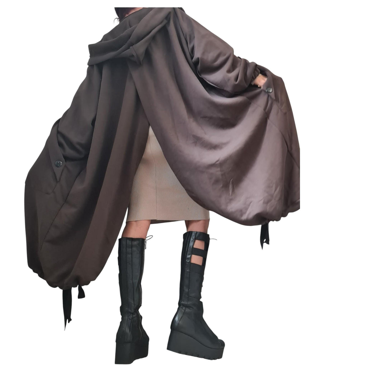 Brown Oversized Hooded Sweatshirt, French Terry Jacket with Overlapping Open Back