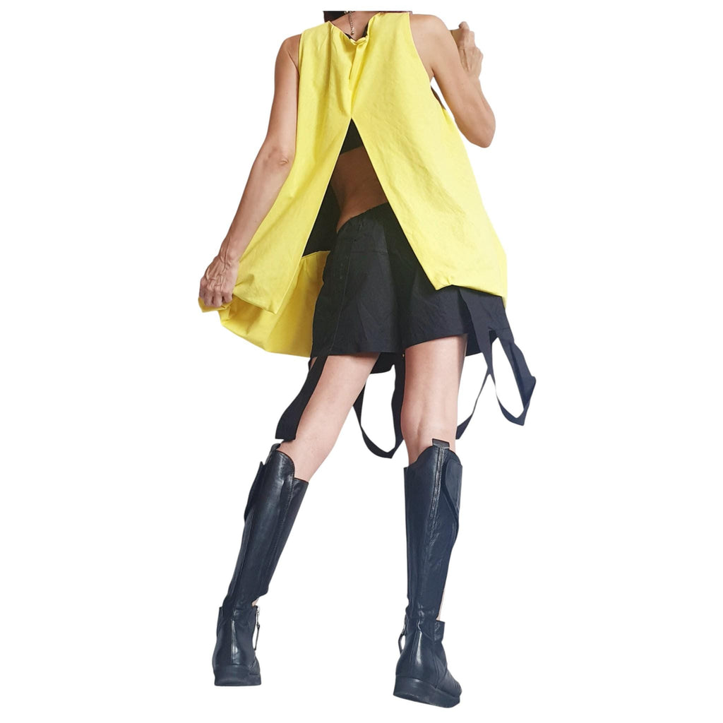 Yellow Linen Tunic, Sleeveless Asymmetric Top, Open Back Loose Fit, Oversized
