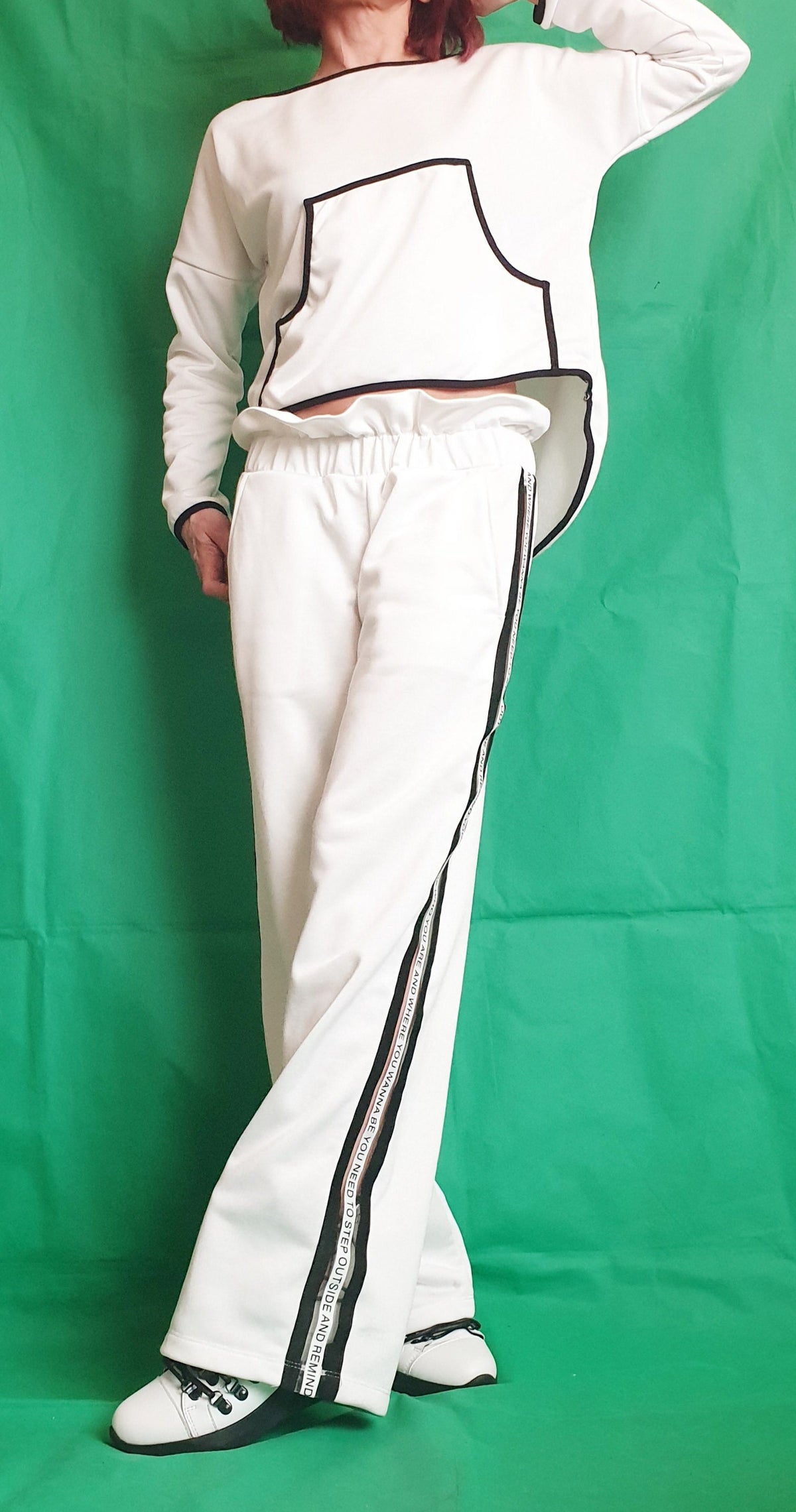 White Cotton French Terry Co-Ord Set, Open Back Blouse, Wide Leg Pants