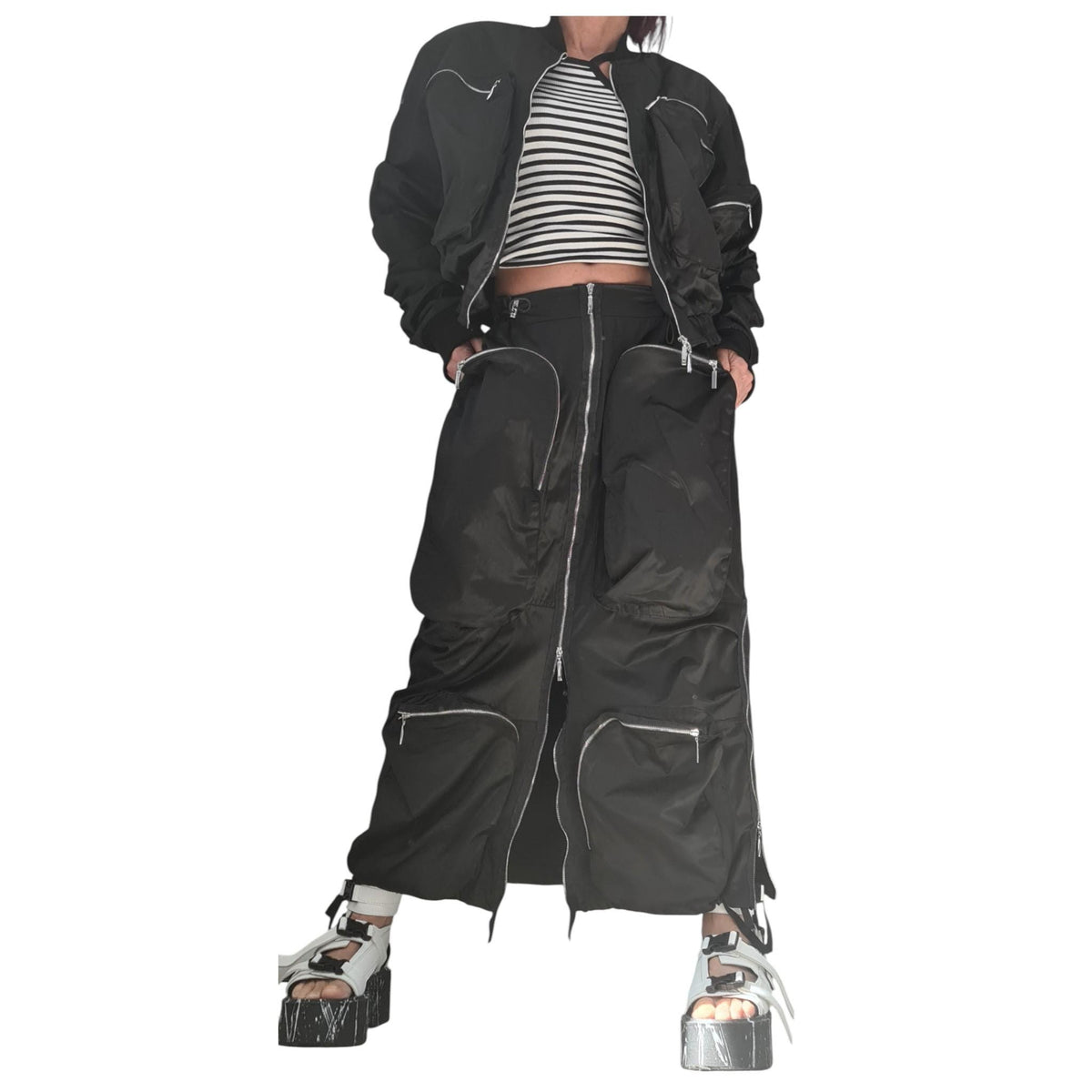 Black Cotton Sateen Cargo Maxi Skirt, Cropped Bomber Jacket, Zip Pockets, Two-Piece Co-Ord Set
