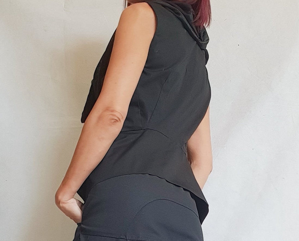 Black Asymmetrical Vest, Sleeveless Fitted Top with Chiffon Collar Detail, Diagonal Zip