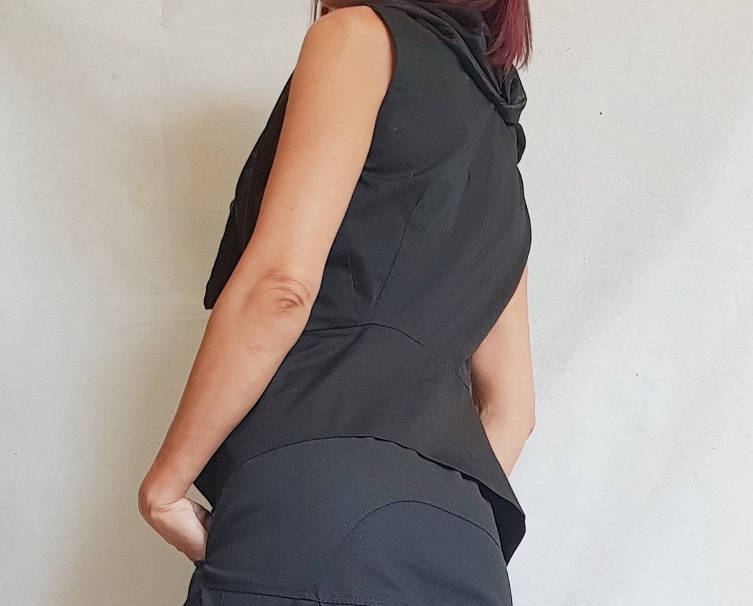 Black Asymmetrical Vest, Sleeveless Fitted Top with Chiffon Collar Detail, Diagonal Zip