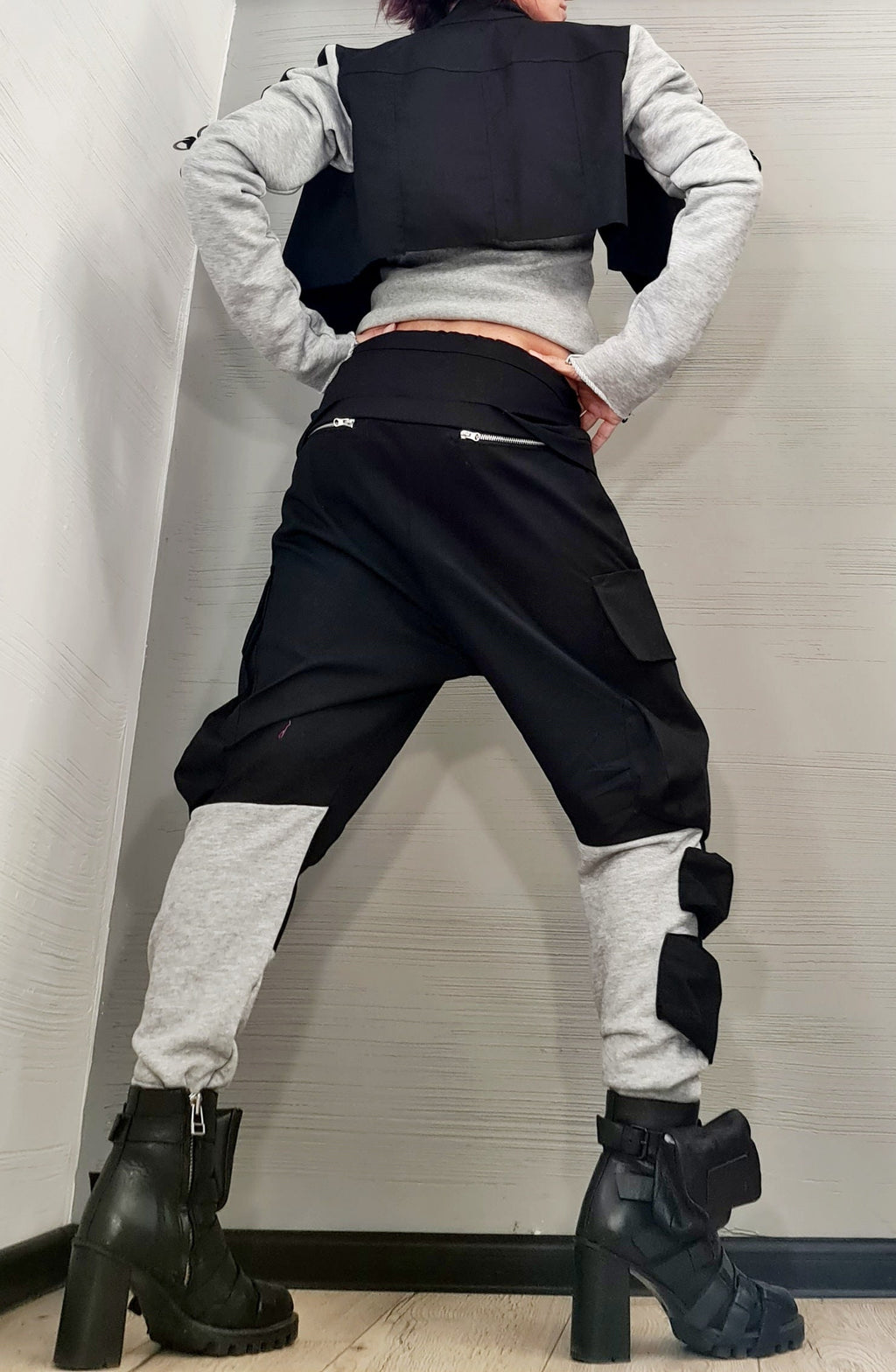 Black Cotton Harem Pants, Asymmetrical Jacket with Grey French Terry Sleeves, Two-Piece Co-Ord Set