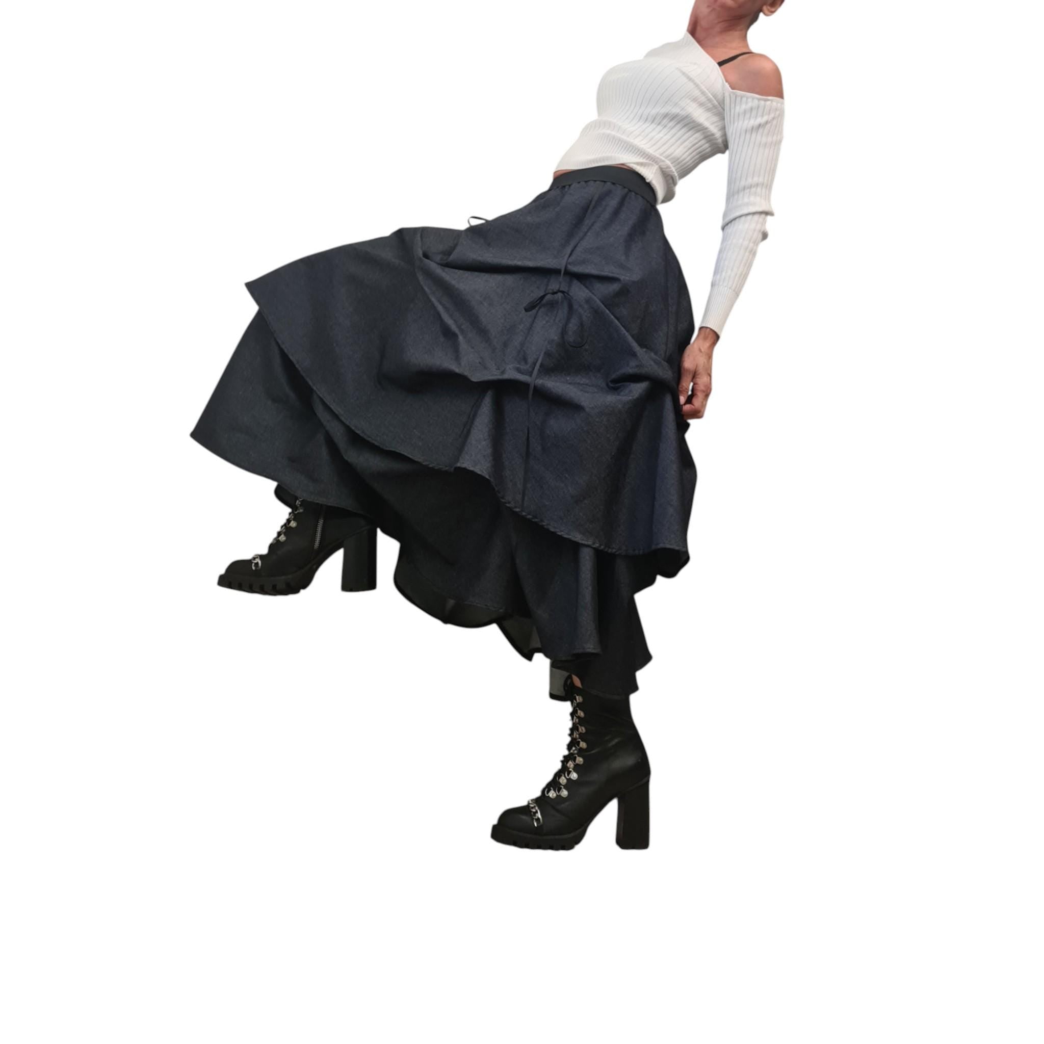 Asymmetric Denim Maxi Skirt, Adjustable Length, Avant Garde Handmade, Fashion for Women