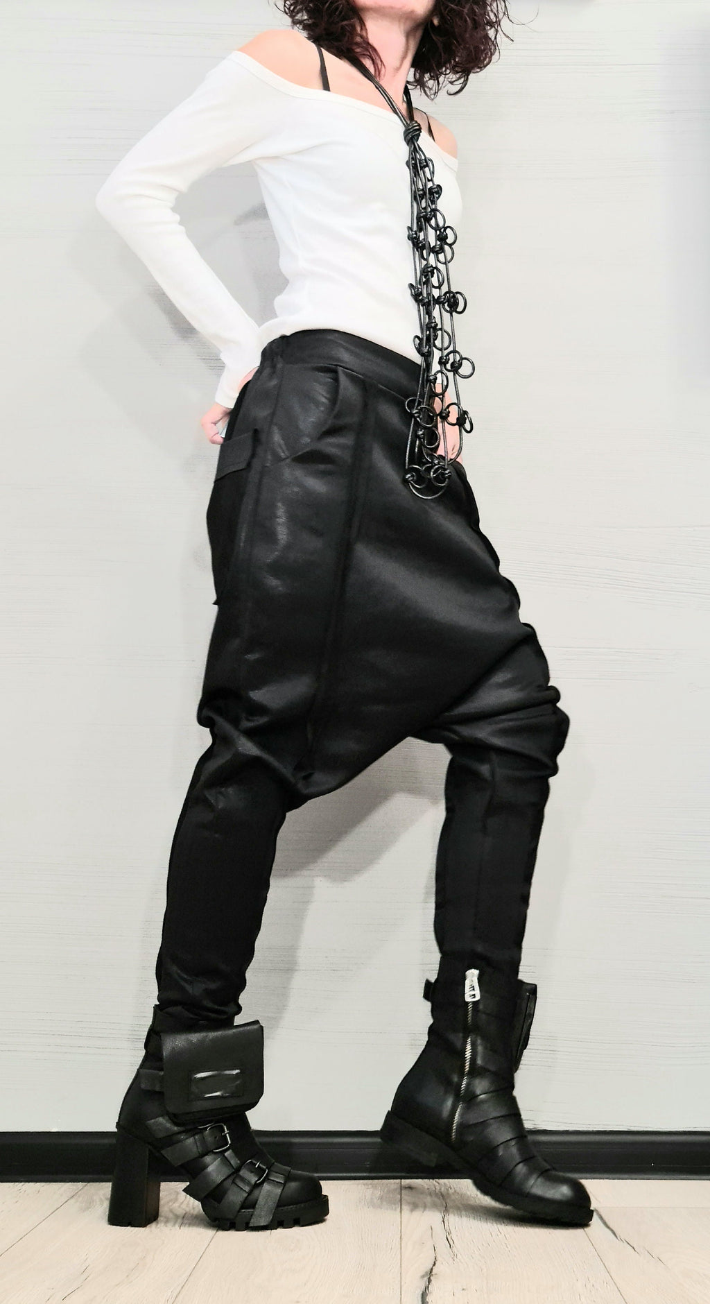 Black Neoprene Drop Crotch Pants, Tapered Harem Trousers