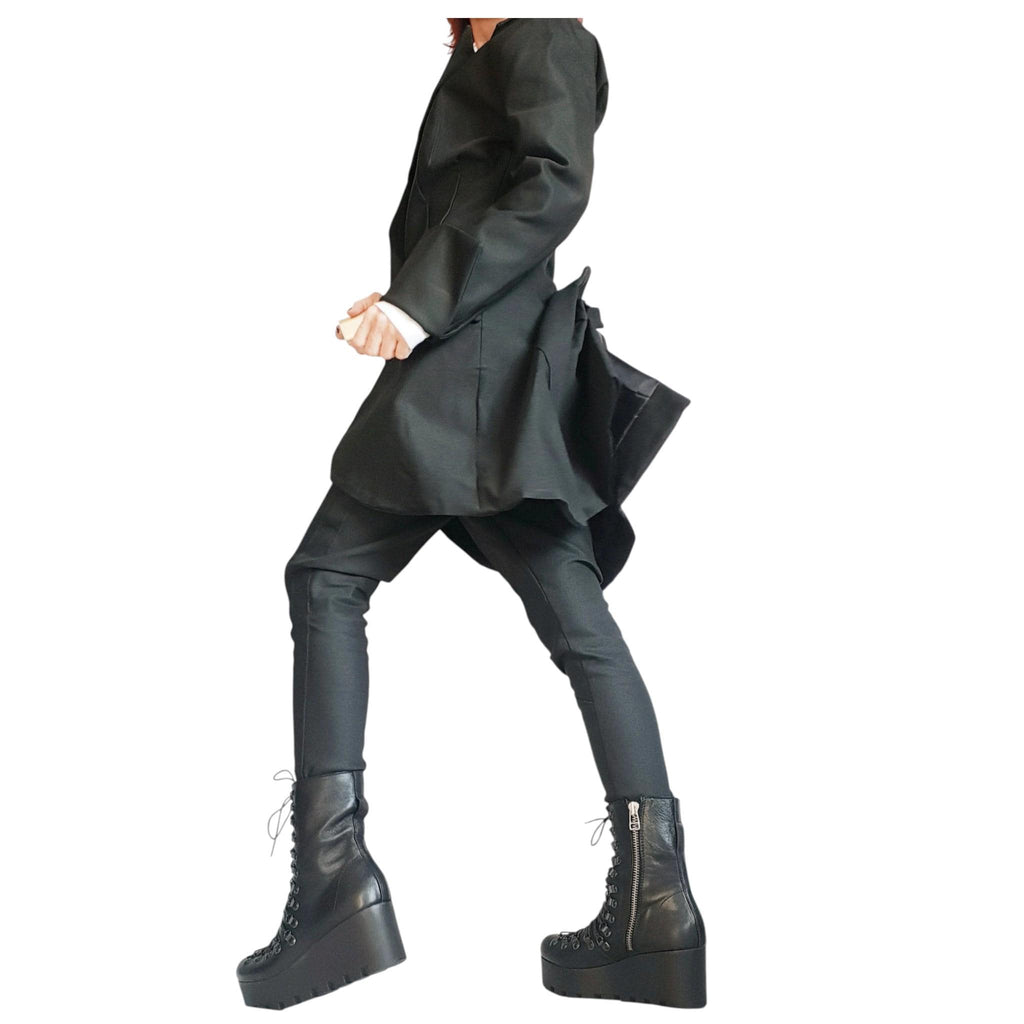 Ivory Asymmetrical Peplum Blazer with Gathered Back, Fitted Waist and Long Tailcoat Hem