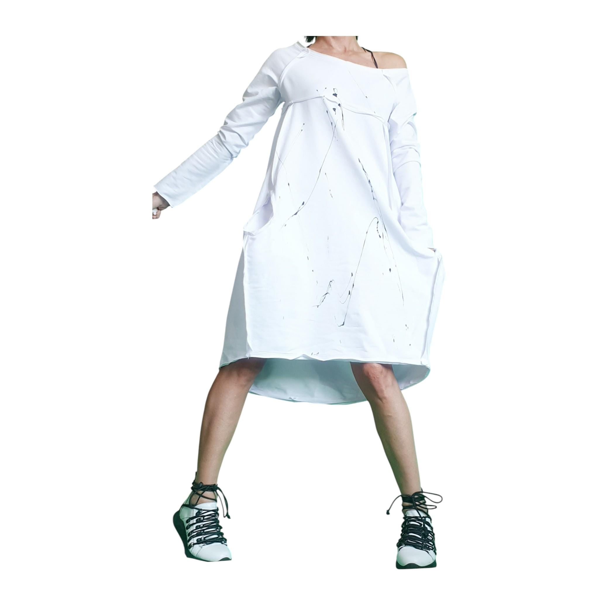 White French Terry One Shoulder Tunic, Oversized Sweatshirt Dress, Asymmetric High Low Cut