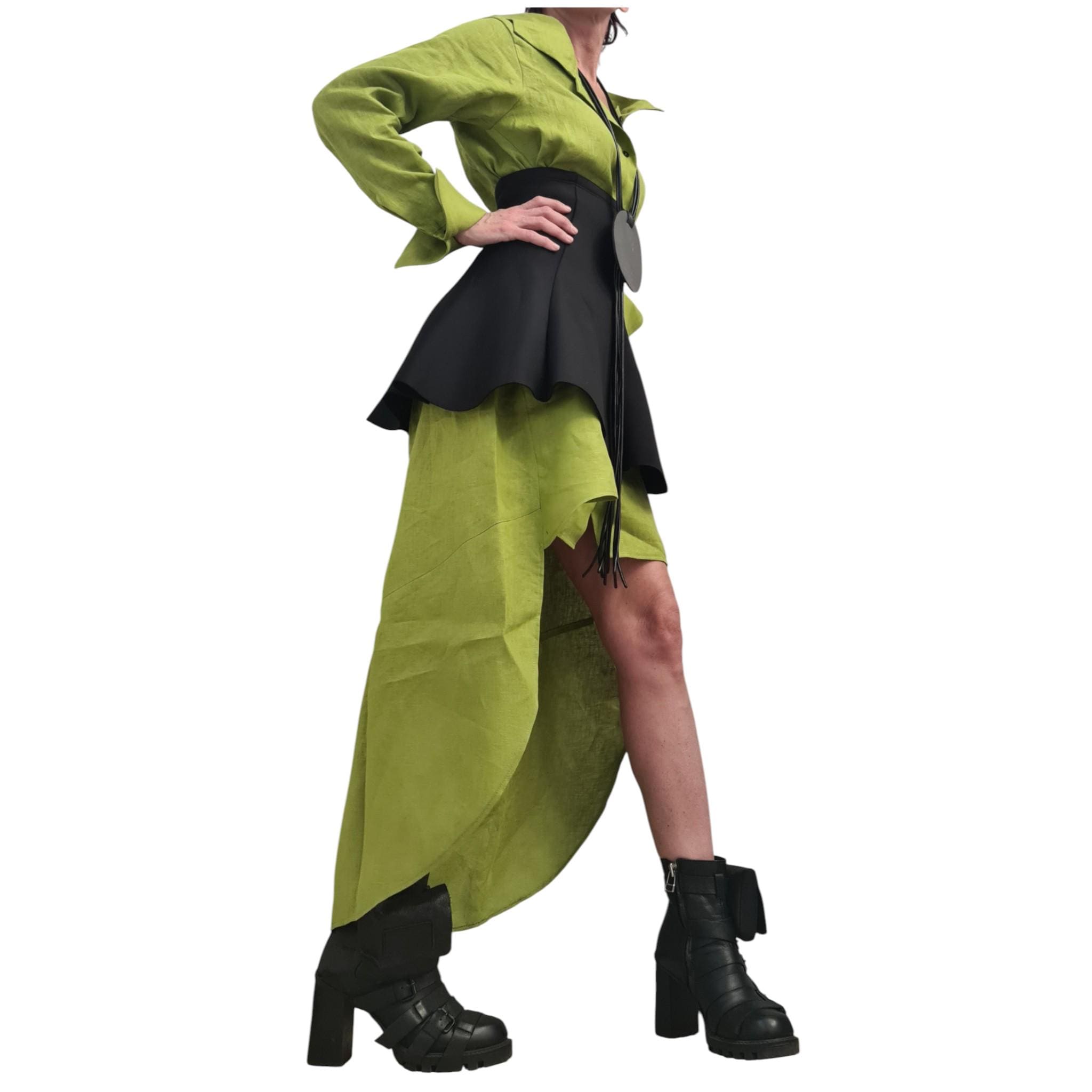 Pistachio Linen Shirt Dress with Neoprene Corset, High Low Hem, Asymmetric Handmade Tunic Dress