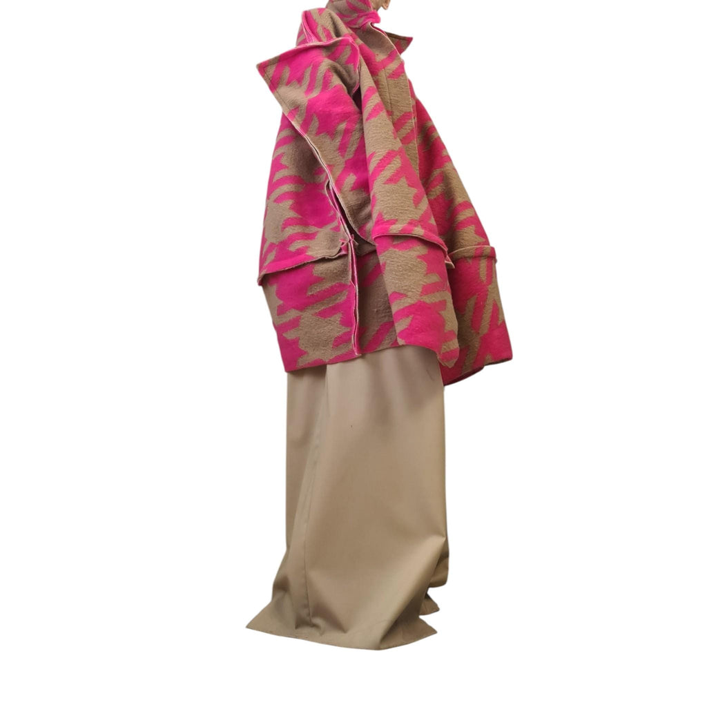 Pink Beige Oversized Wool Blend Coat, Abstract Print High Collar Jacket, Wide Sleeve Outerwear