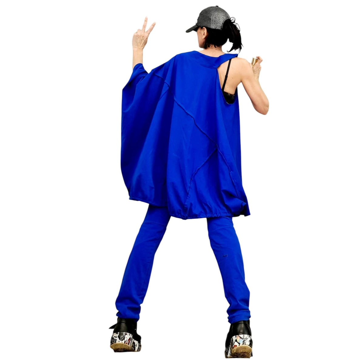 Royal Blue Cotton Leggings, Cutout Knees, Oversized Asymmetrical Draped Batwing Tunic, Two-Piece Co-Ord Set