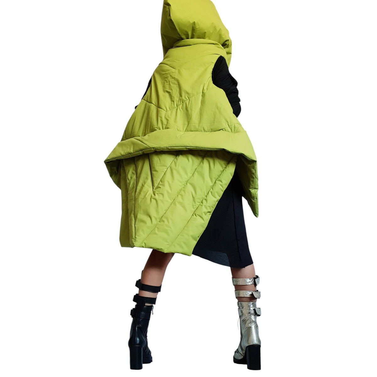 Apple Green Asymmetric Puffer Vest, Long Quilted Sleeveless Coat with Oversized Hood, Plus Size