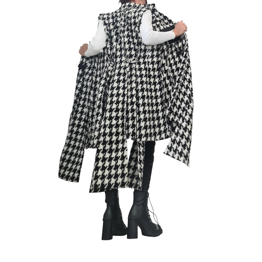 Black and White Houndstooth Maxi Vest, Asymmetric Hem, Buckle Closures, Plus Size Coat
