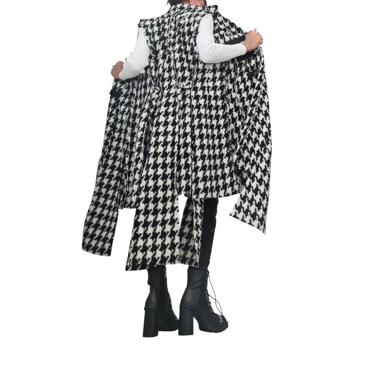 Black and White Houndstooth Maxi Vest, Asymmetric Hem, Buckle Closures, Plus Size Coat