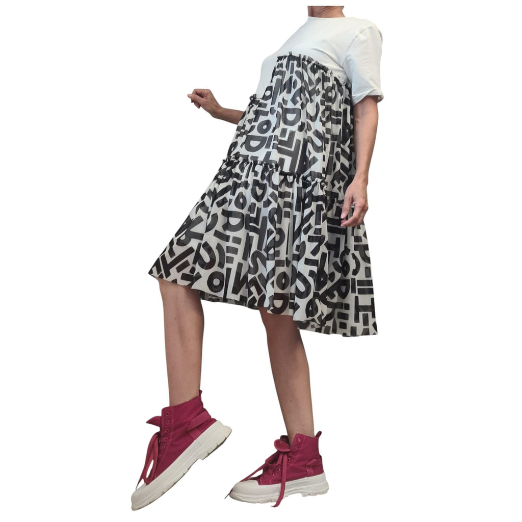 Asymmetrical Tunic for Women, Cotton Dress with Graffiti Tulle, Plus Size