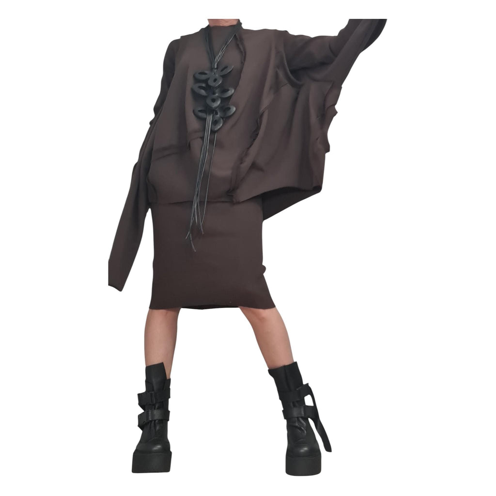 Brown Cotton Fitted Midi Dress, Oversized Asymmetrical Tunic, Layered Two-Piece Co-Ord Set, Plus Size