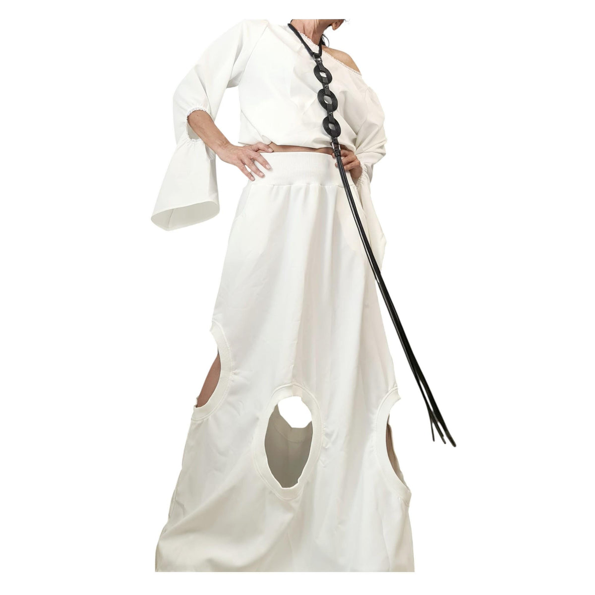White Cotton Cutout Maxi Skirt, Cropped Open Back Blouse, Bell Sleeves, Two-Piece Co-Ord Set
