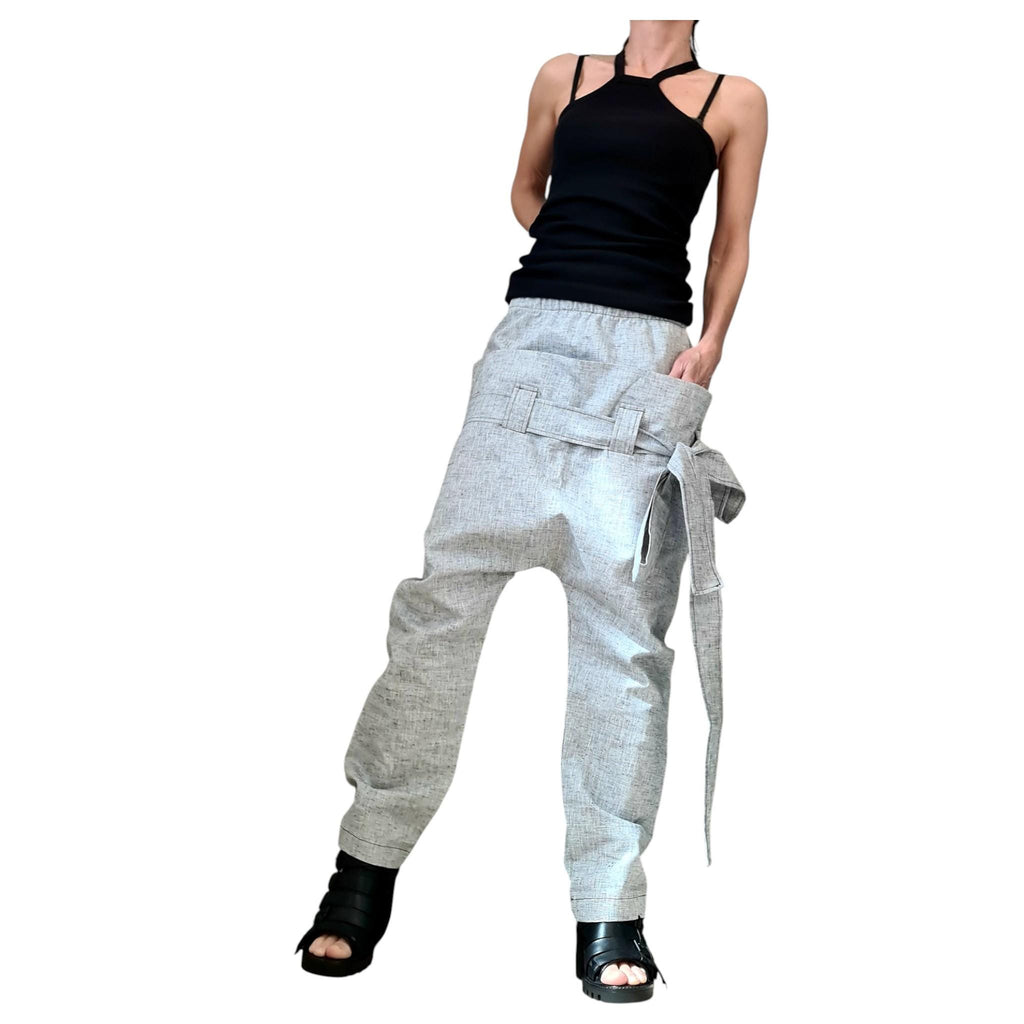 Linen Drop Crotch Pants, Double Waistband Trousers, Slim Tapered Leg