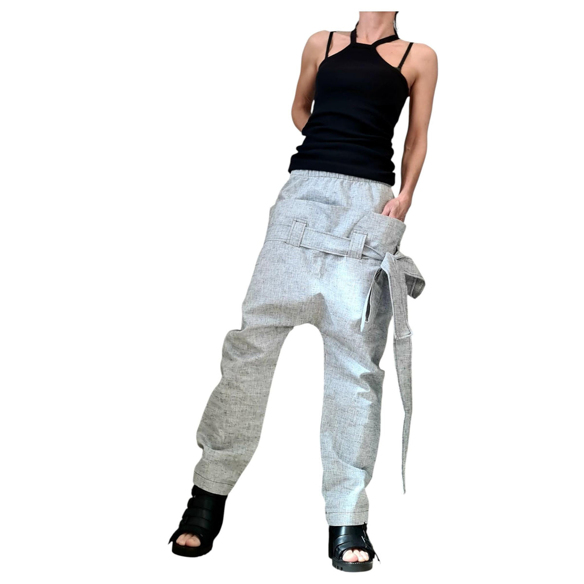 Linen Drop Crotch Pants, Double Waistband Trousers, Slim Tapered Leg