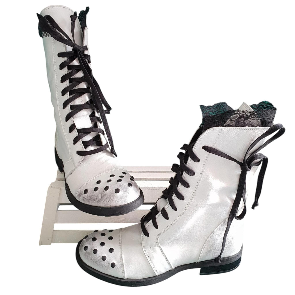 Women White Leather Boots, Ankle Weding Shoes