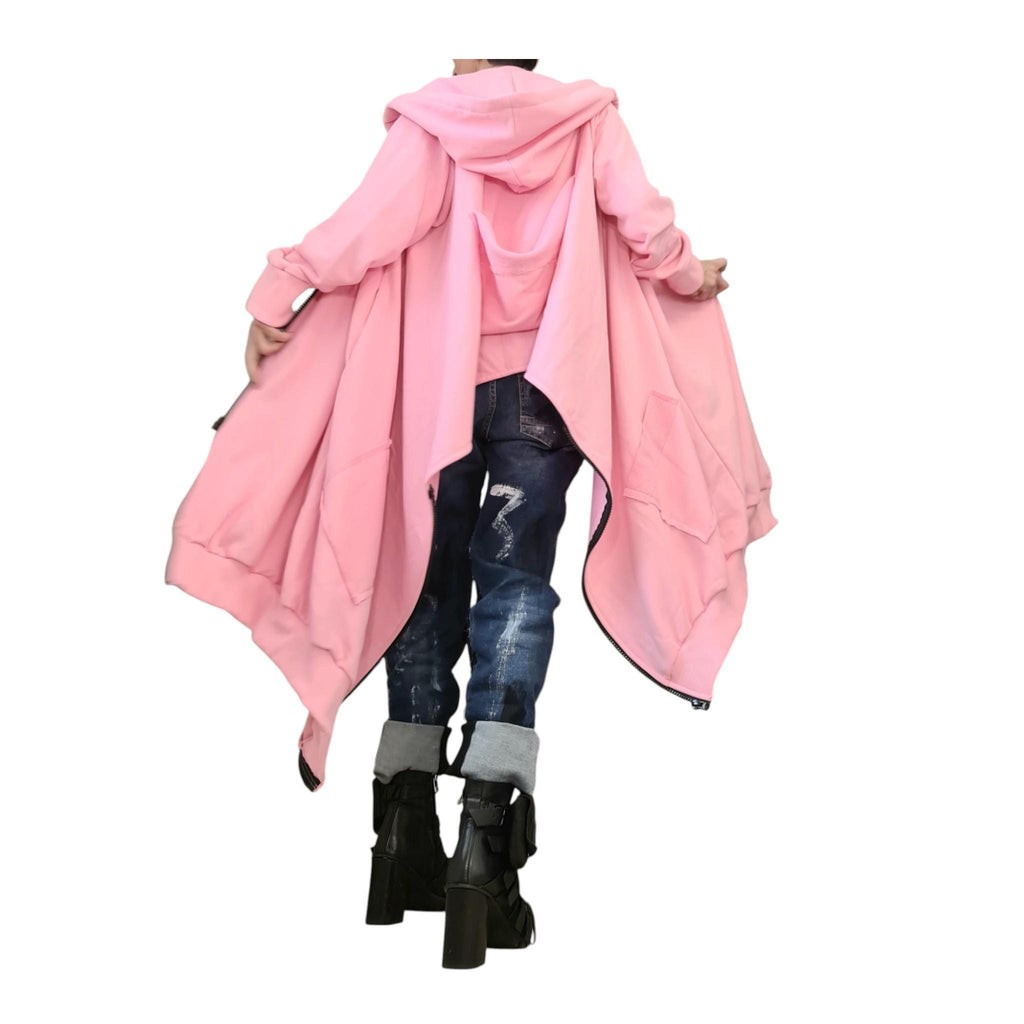 Pink Asymmetrical Hooded Sweatshirt, Cropped Back Cotton Jacket, Long Side Panels
