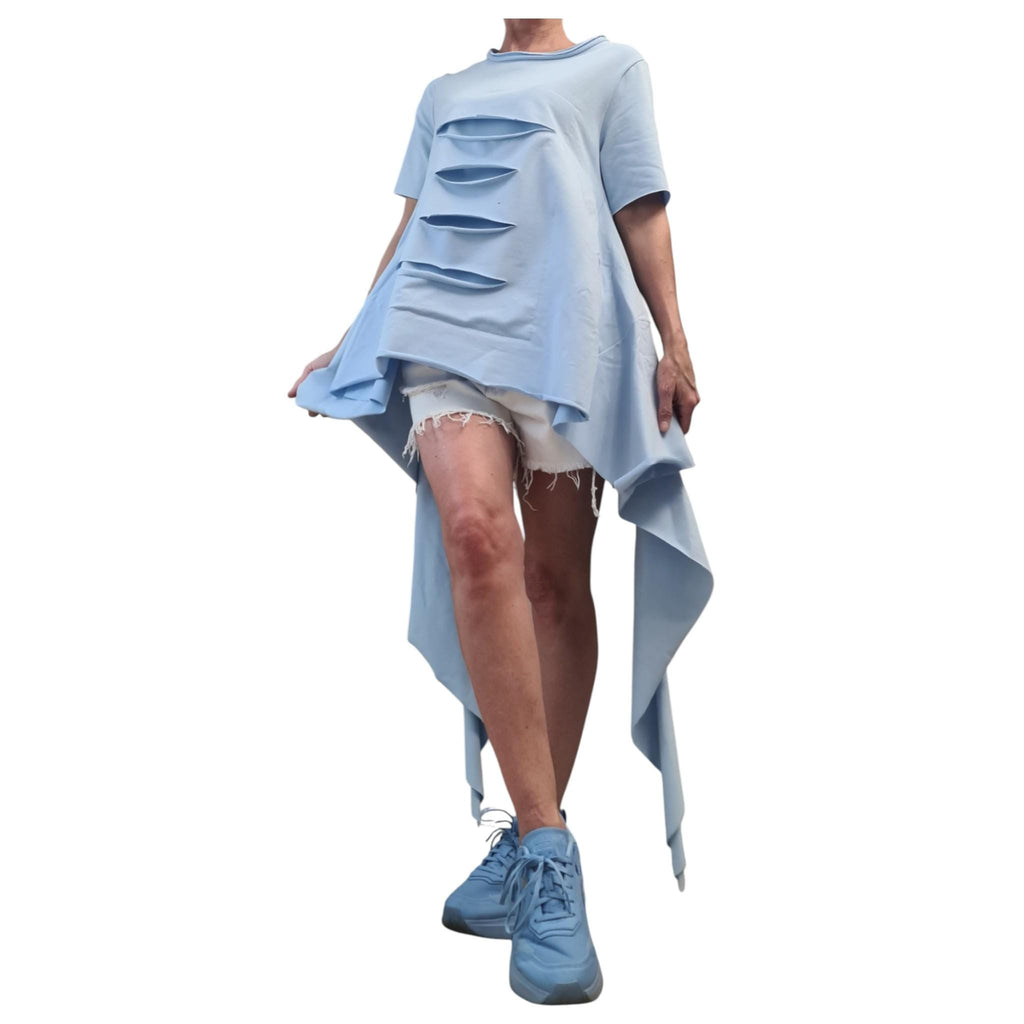 Avant Garde Light Blue Deconstructed Tunic, Asymmetric Loose Blouse, Short Sleeve