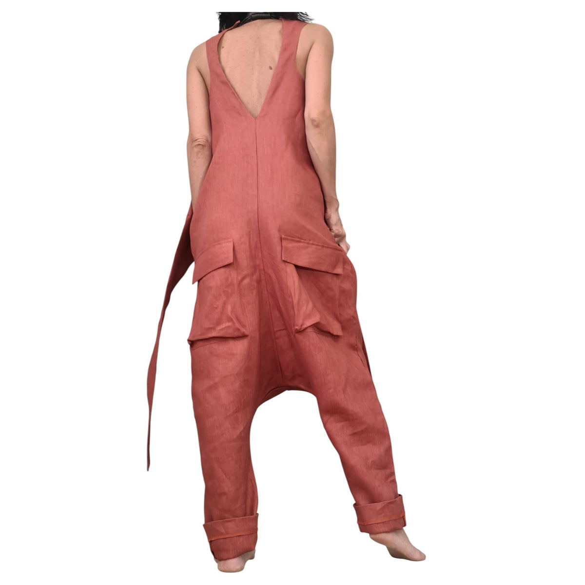 Terracotta Linen Jumpsuit, Asymmetric Harem Wide Leg, Loose Fit, V-Back