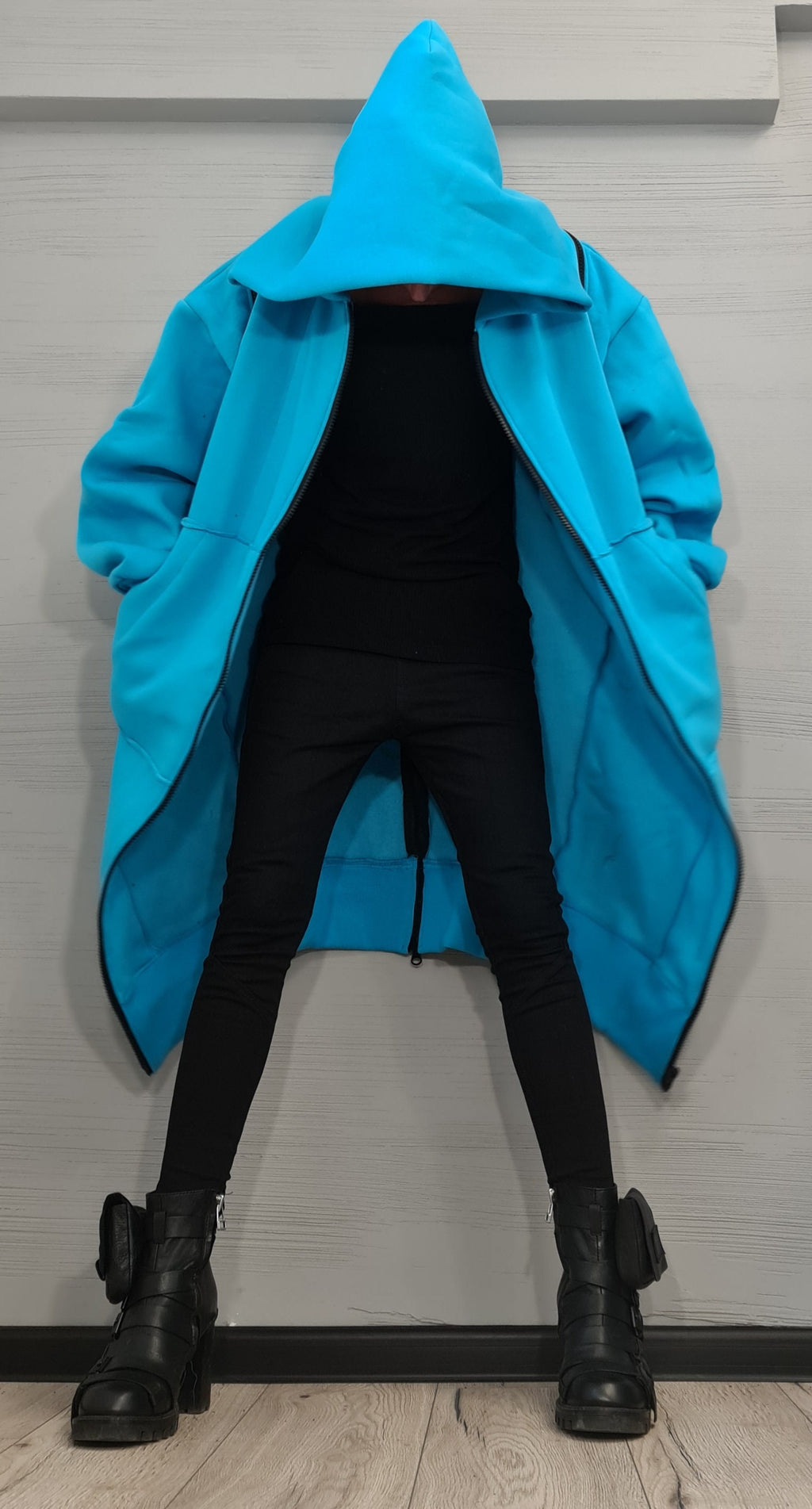 Blue Hooded Cotton Sweatshirt, Oversized Loose Coat, Plus Size Longline Hoodie